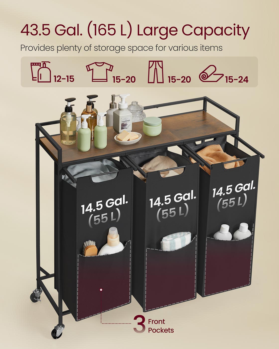 Laundry Sorter, 43.5 Gal. (165 L) Laundry Hamper Basket with 3 Compartments, Ink Black and Rustic Brown