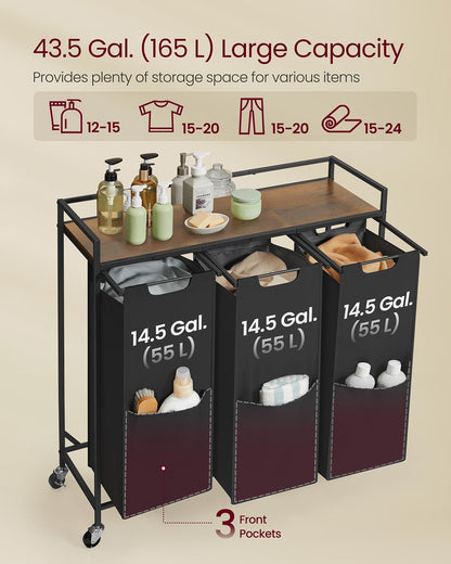 Laundry Sorter, 43.5 Gal. (165 L) Laundry Hamper Basket with 3 Compartments, Ink Black and Rustic Brown