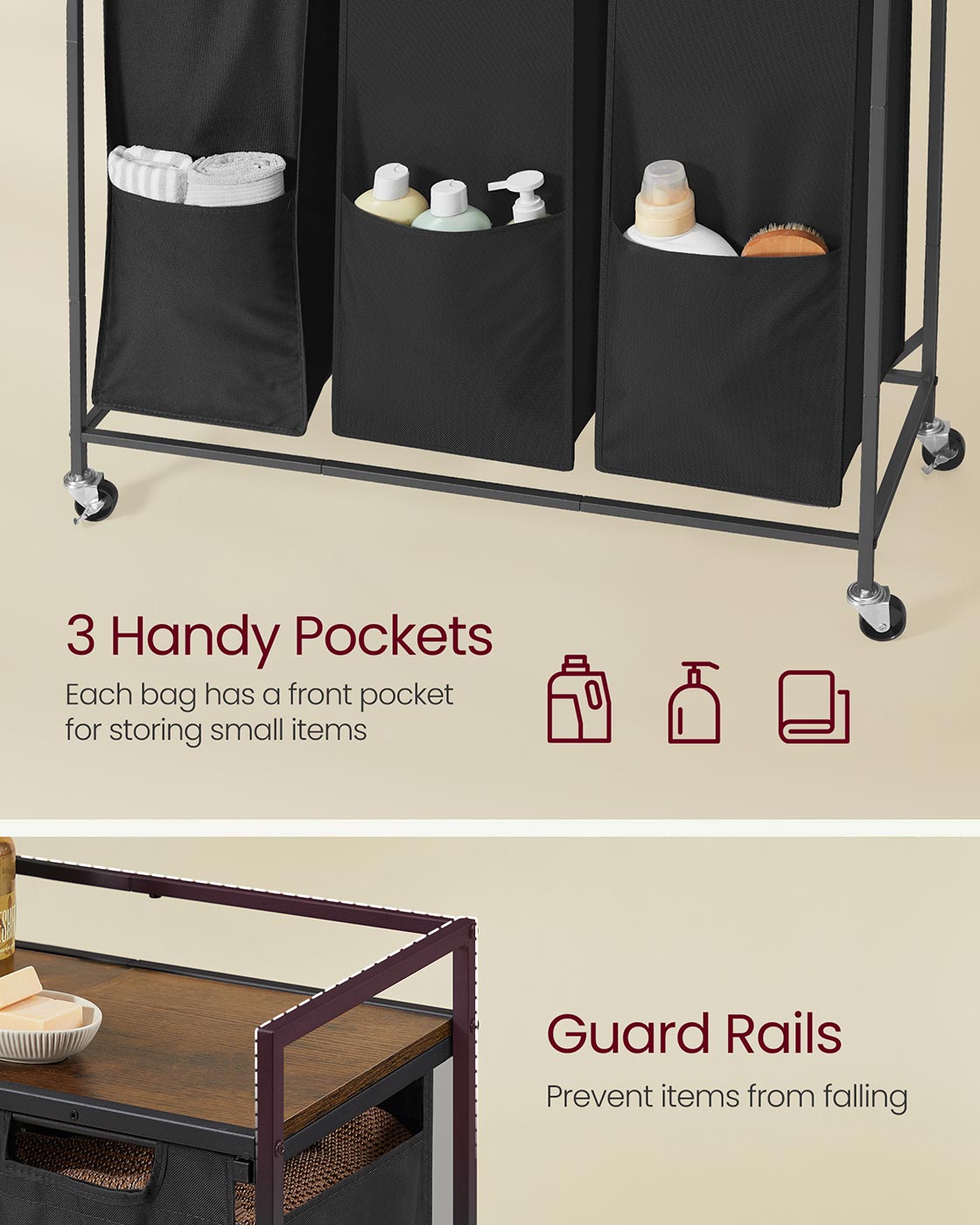 Laundry Sorter, 43.5 Gal. (165 L) Laundry Hamper Basket with 3 Compartments, Ink Black and Rustic Brown