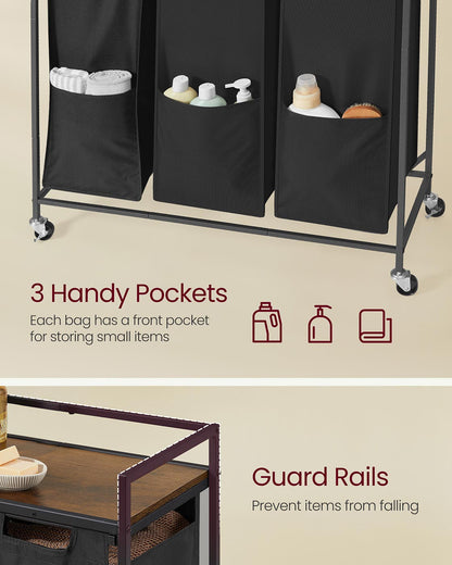 Laundry Sorter, 43.5 Gal. (165 L) Laundry Hamper Basket with 3 Compartments, Ink Black and Rustic Brown