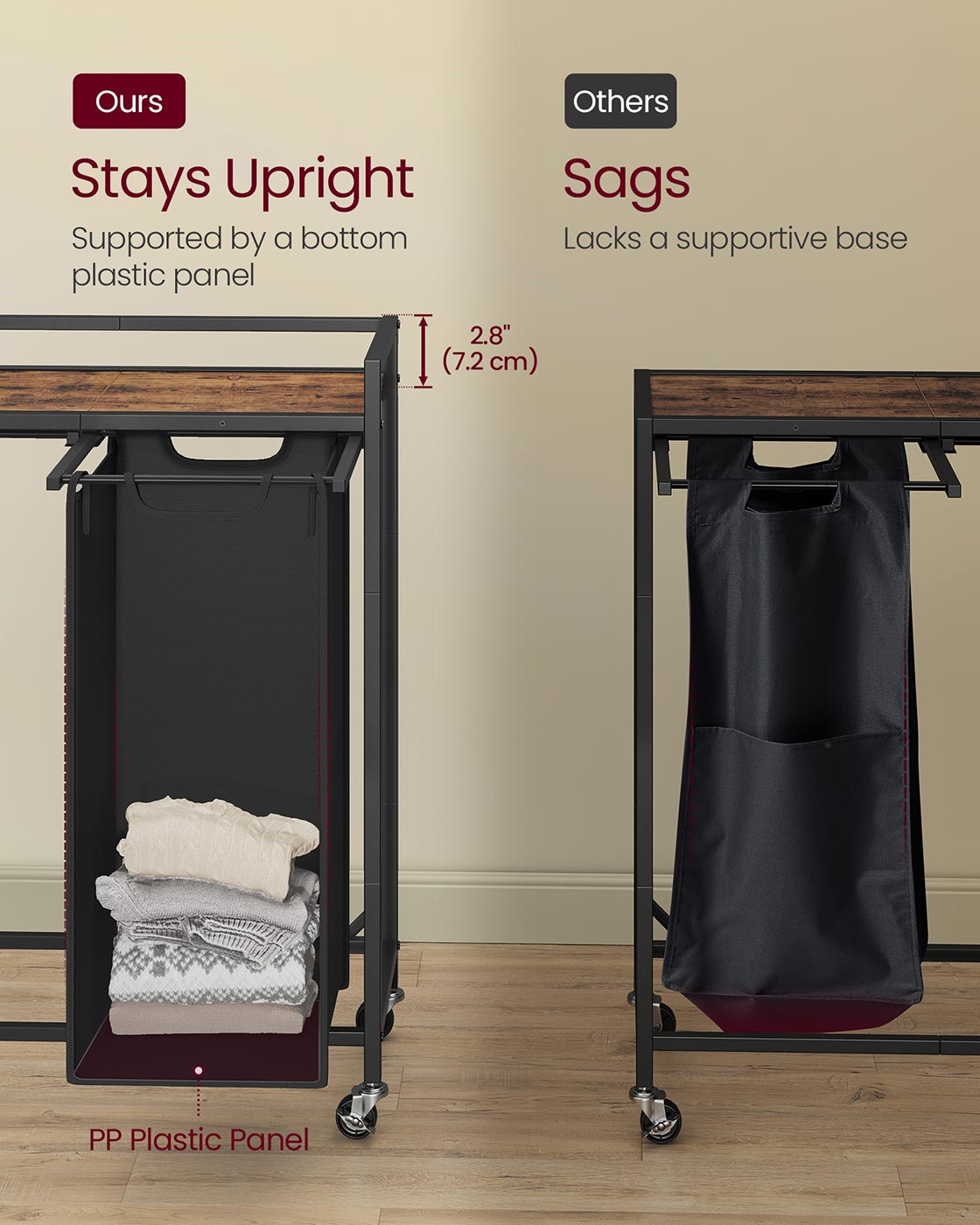 Laundry Sorter, 43.5 Gal. (165 L) Laundry Hamper Basket with 3 Compartments, Ink Black and Rustic Brown