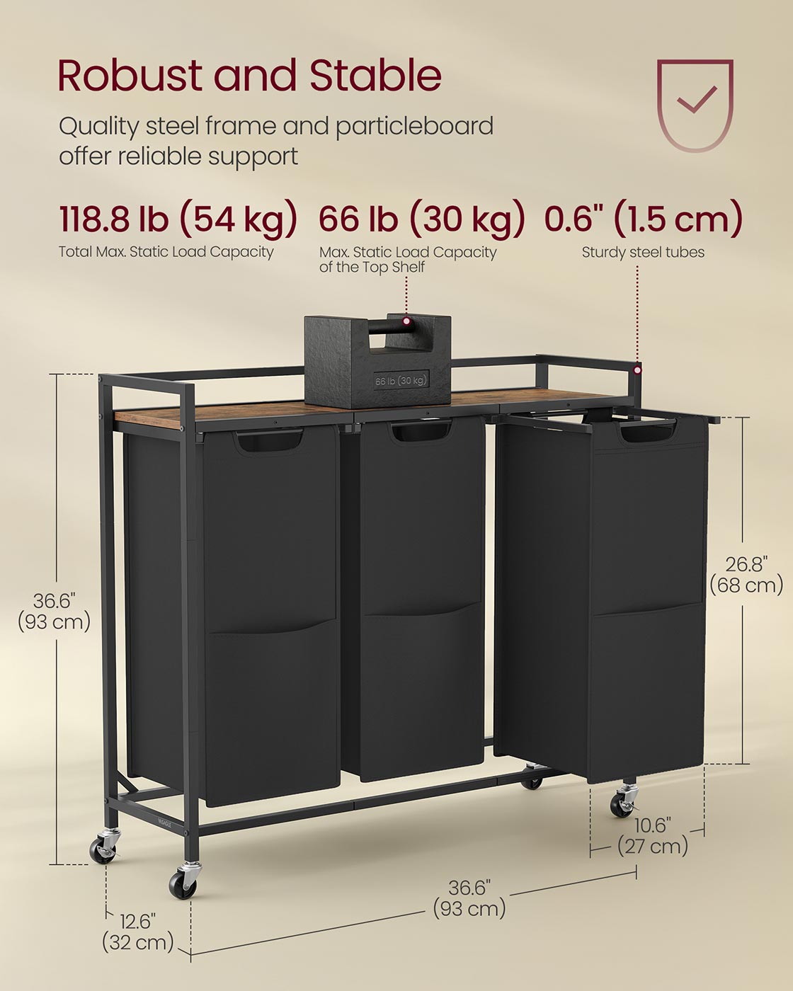 Laundry Sorter, 43.5 Gal. (165 L) Laundry Hamper Basket with 3 Compartments, Ink Black and Rustic Brown