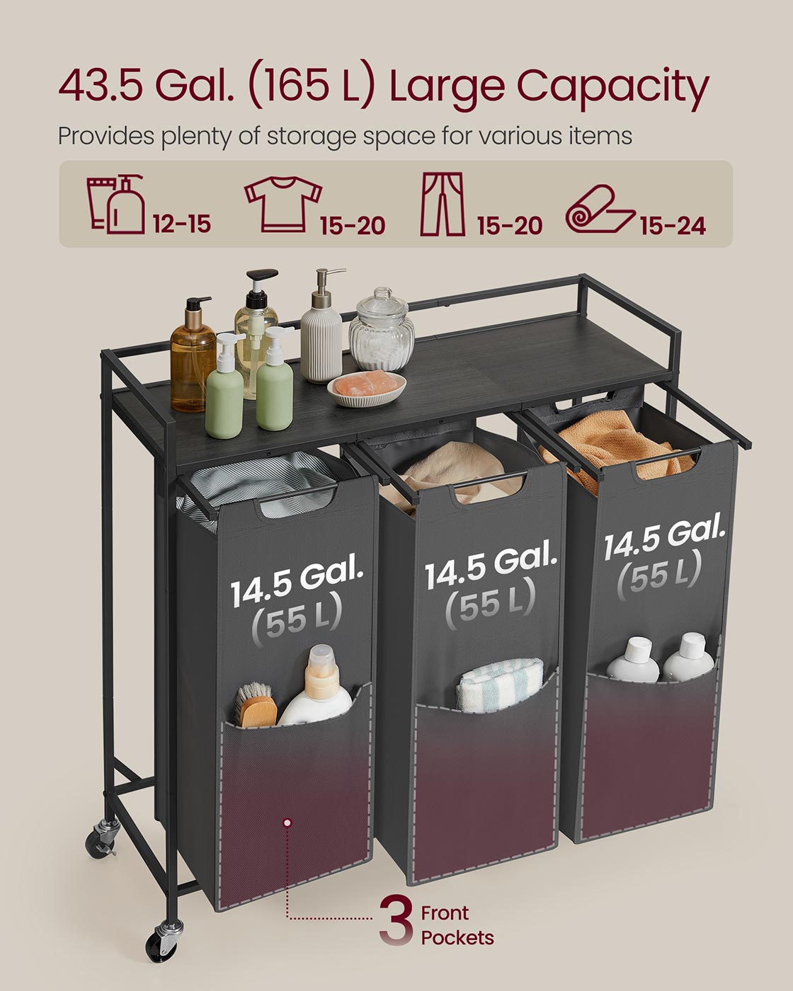 Laundry Sorter, 43.5 Gal. (165 L) Laundry Hamper Basket with 3 Compartments, Slate Gray and Charcoal Gray