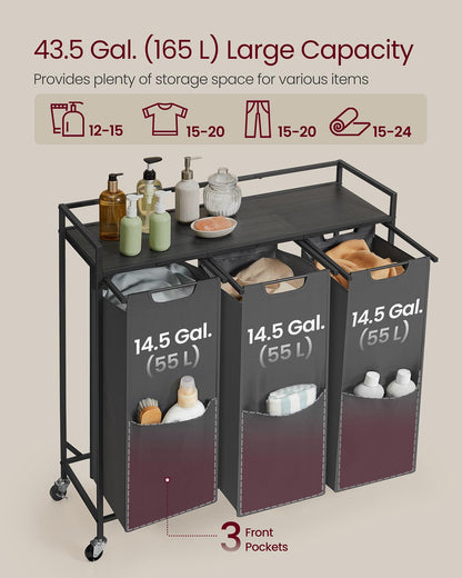 Laundry Sorter, 43.5 Gal. (165 L) Laundry Hamper Basket with 3 Compartments, Slate Gray and Charcoal Gray