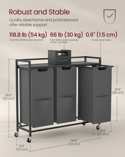 Laundry Sorter, 43.5 Gal. (165 L) Laundry Hamper Basket with 3 Compartments, Slate Gray and Charcoal Gray
