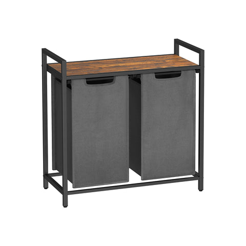Laundry Basket, 2-Compartment Laundry Hamper, Pull-Out and Removable Laundry Bags, Oxford Fabric, Metal Frame, 2 x 46L, 28.7 x 13 x 28.3 Inches, Rustic Brown and Gray UBLH201G01