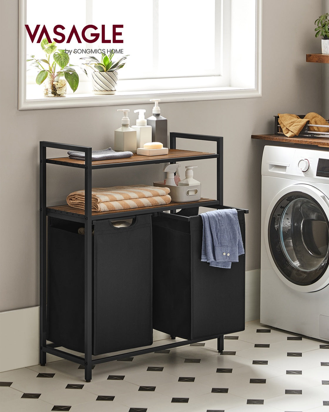 Laundry Hamper with 2 Pull-Out Bags and Shelves - image 2