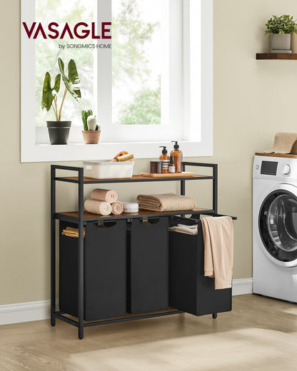 Laundry Hamper with 3 Pull-Out Bags and Shelves, Rustic Brown - image 2