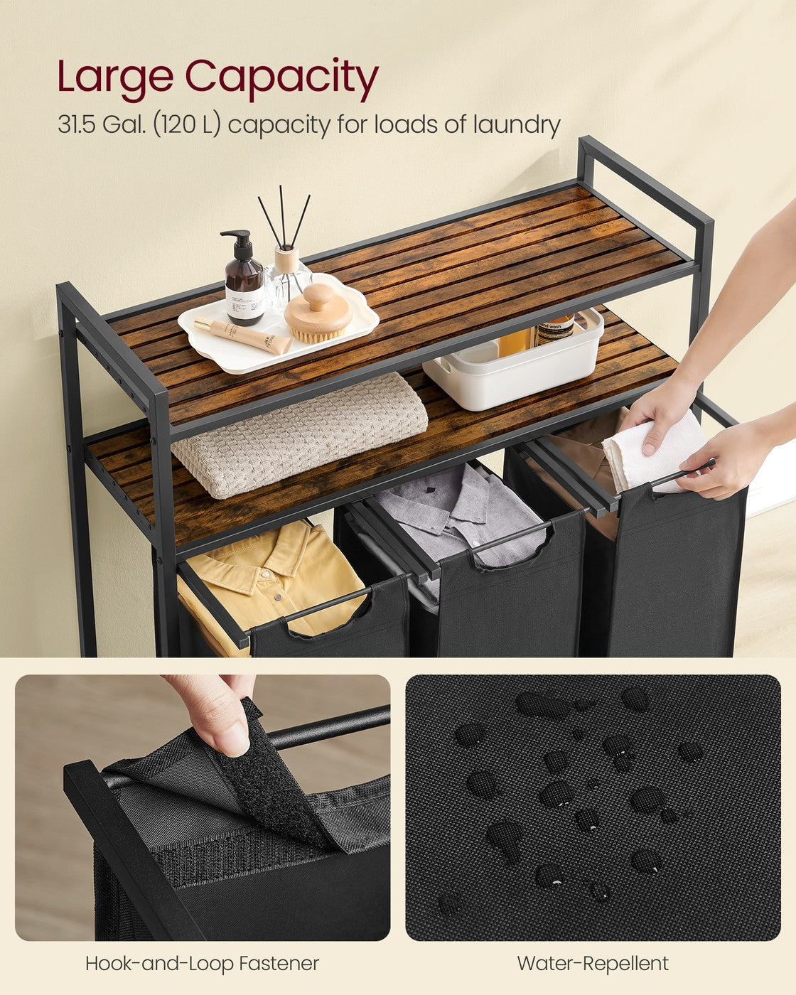 Laundry Hamper with 3 Pull-Out Bags and Shelves, Rustic Brown - image 3