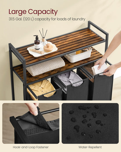 Laundry Hamper with 3 Pull-Out Bags and Shelves, Rustic Brown - image 3