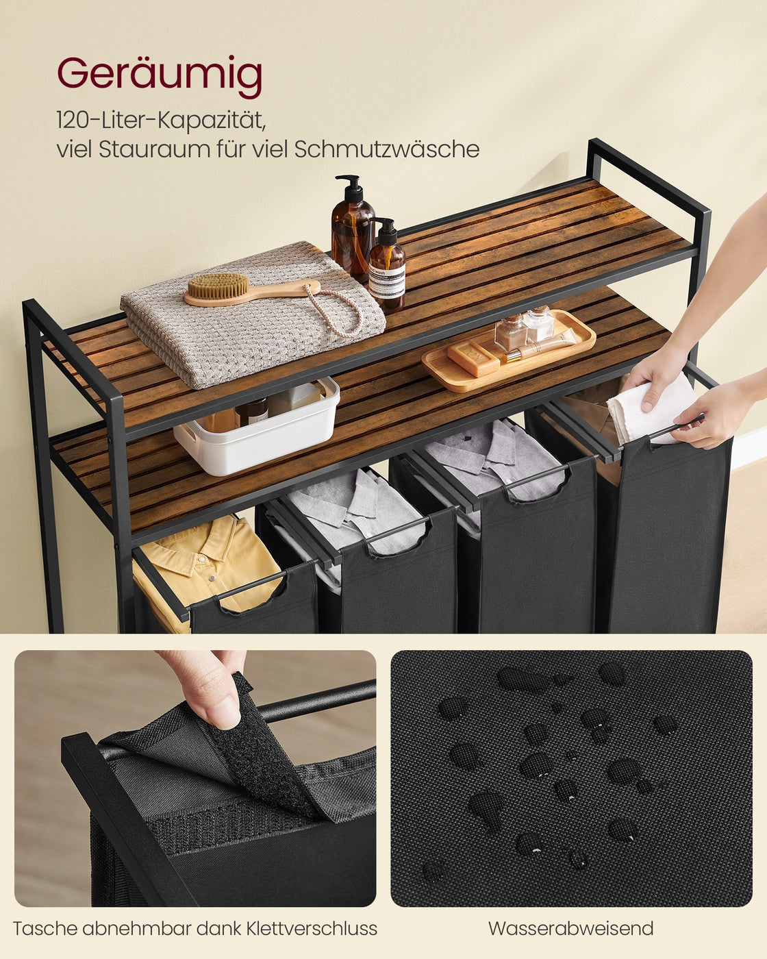 Laundry Basket with 4 Pull-Out Bags Rustic Brown and Black