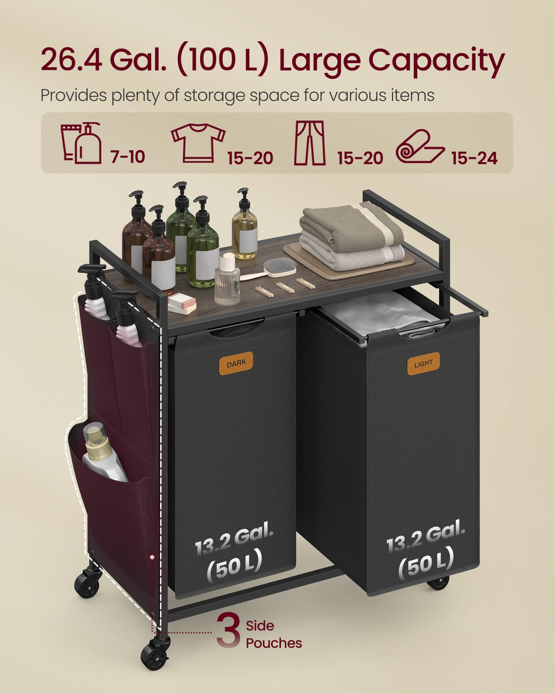 Rolling laundry hamper with shelves and compartments - image 3