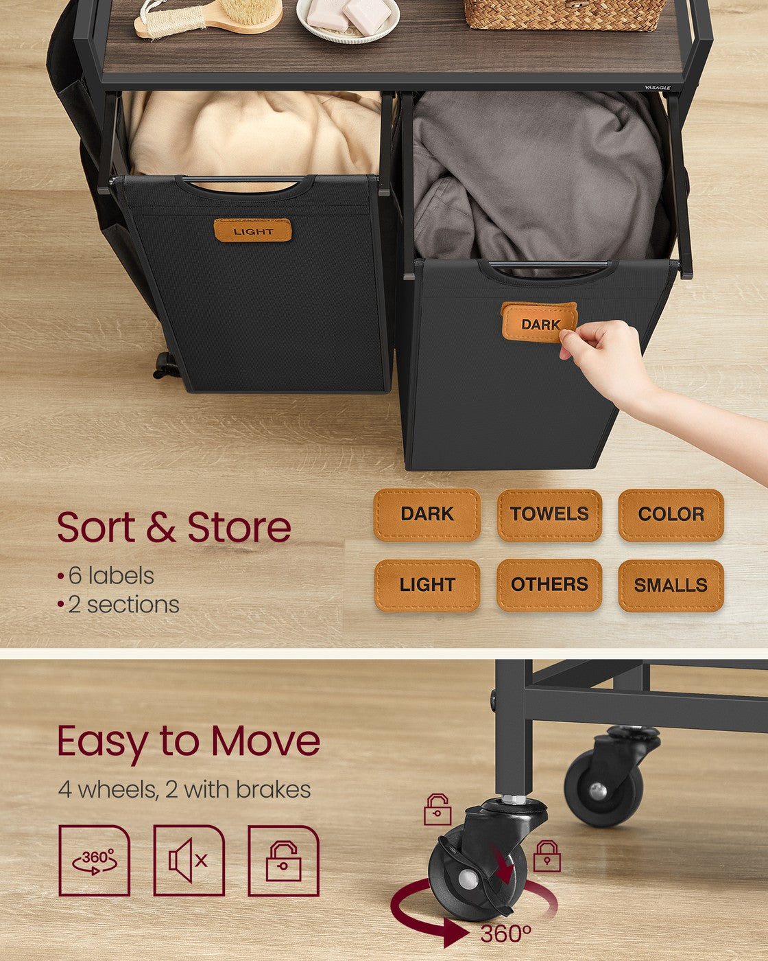 Rolling laundry hamper with shelves and compartments - image 5