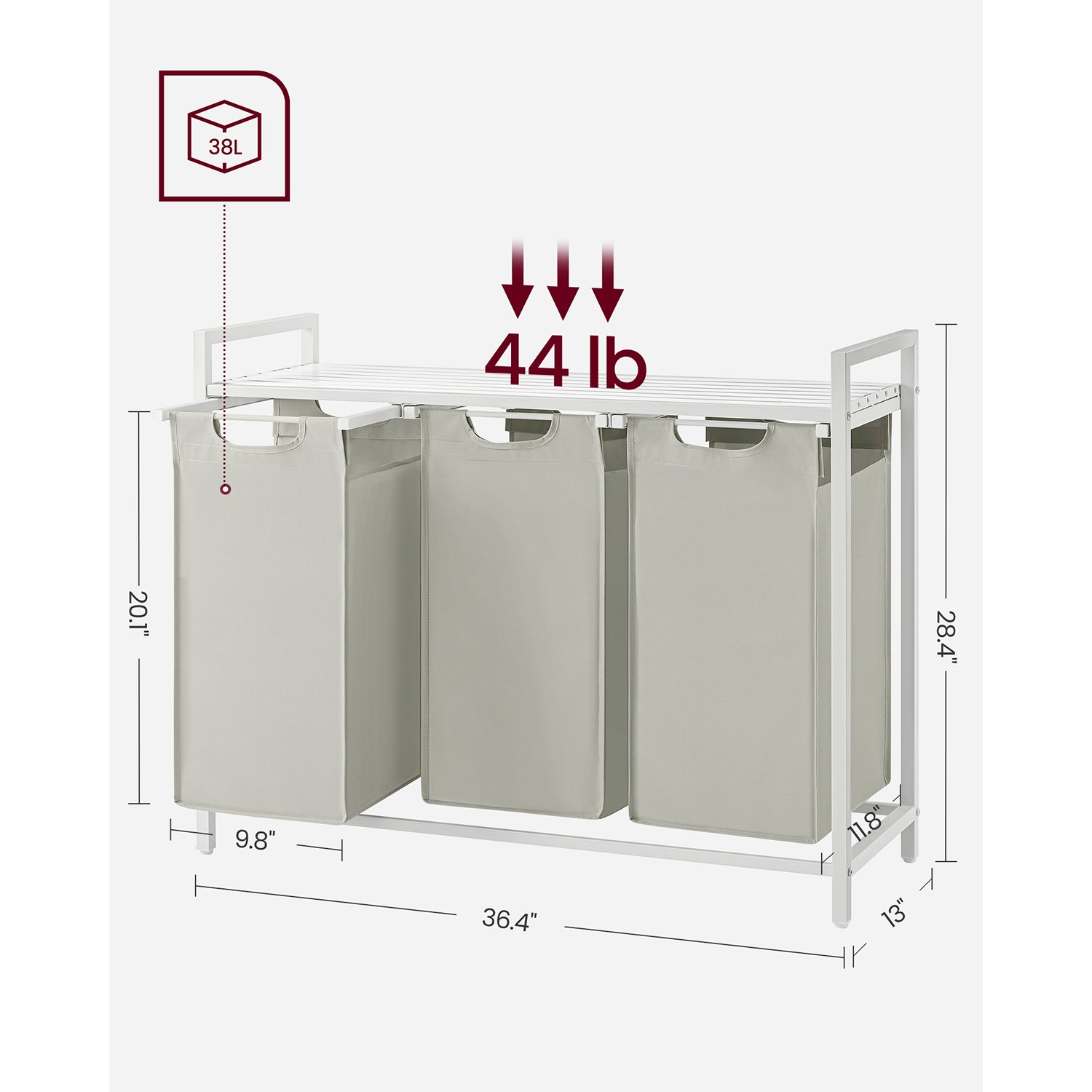 Laundry Hamper with 3 Pull-Out and Removable Bags, 3 x 10 Gallons (38L) - image 7