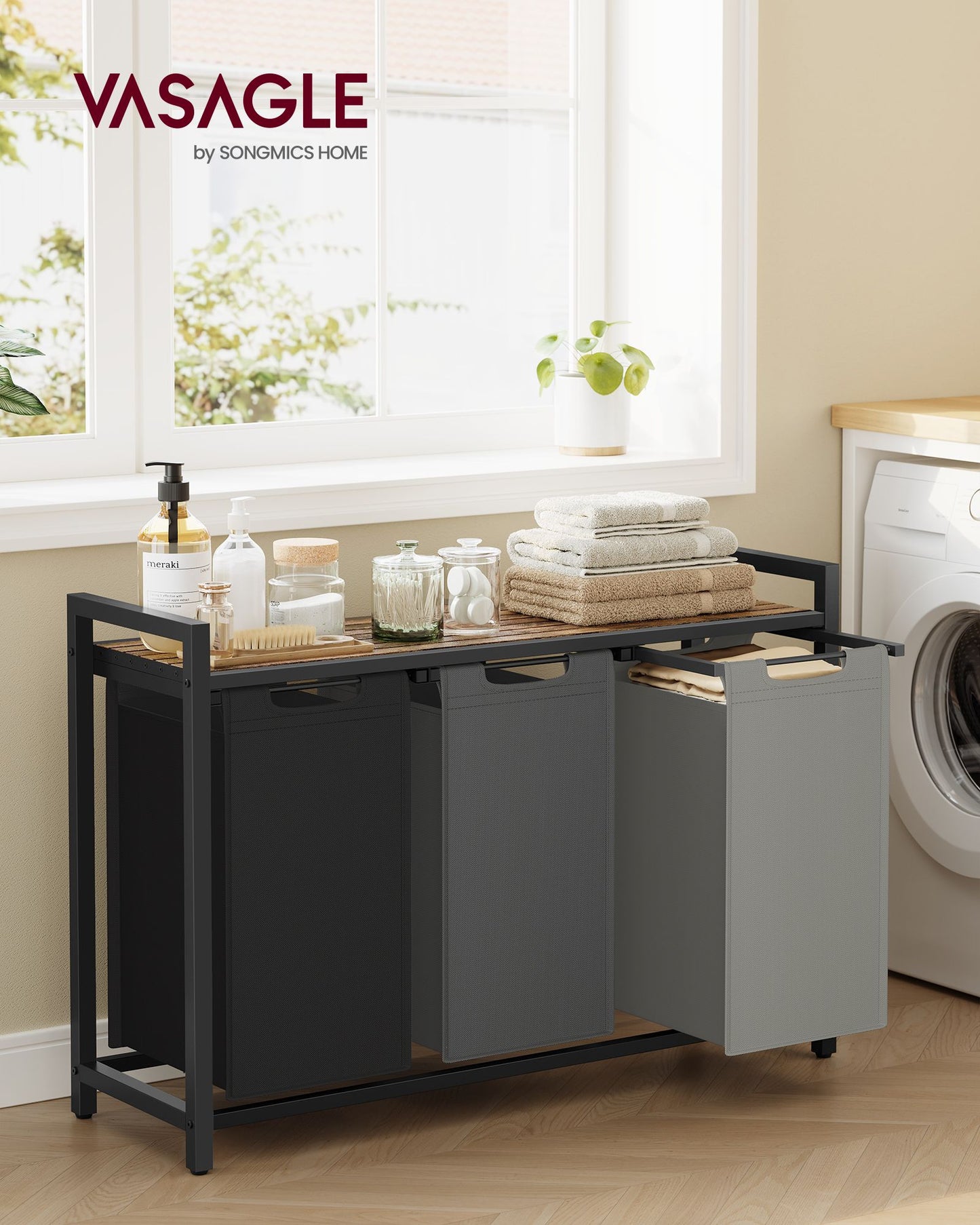 Laundry Hamperwith 3 Pull-Out and Removable Bags, 36.4 x 13 x 28.4 Inches, Tricolor and Rustic Brown