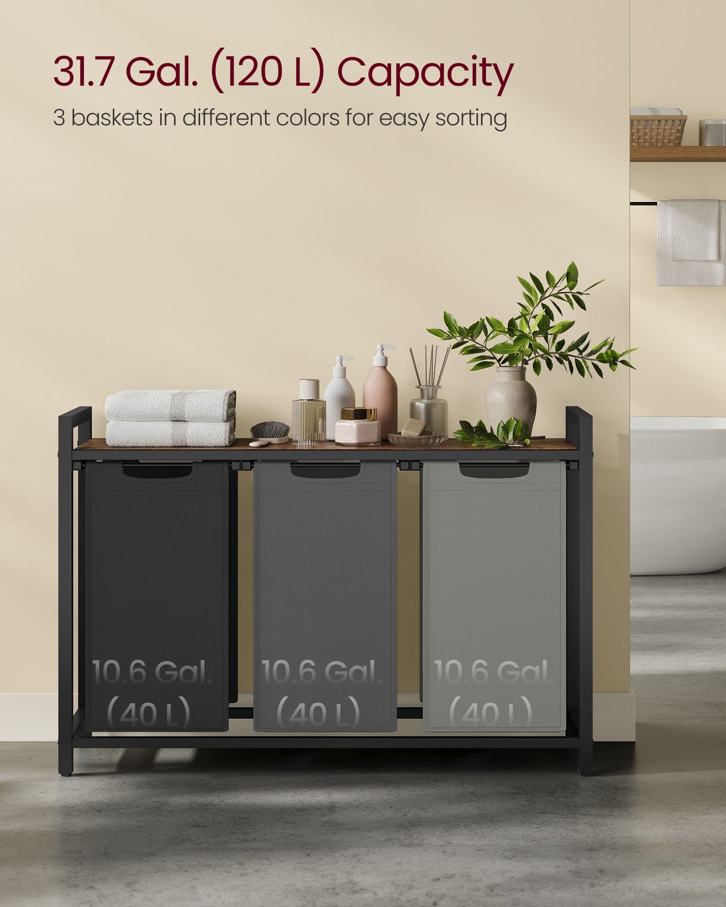 Laundry Hamperwith 3 Pull-Out and Removable Bags, 36.4 x 13 x 28.4 Inches, Tricolor and Rustic Brown