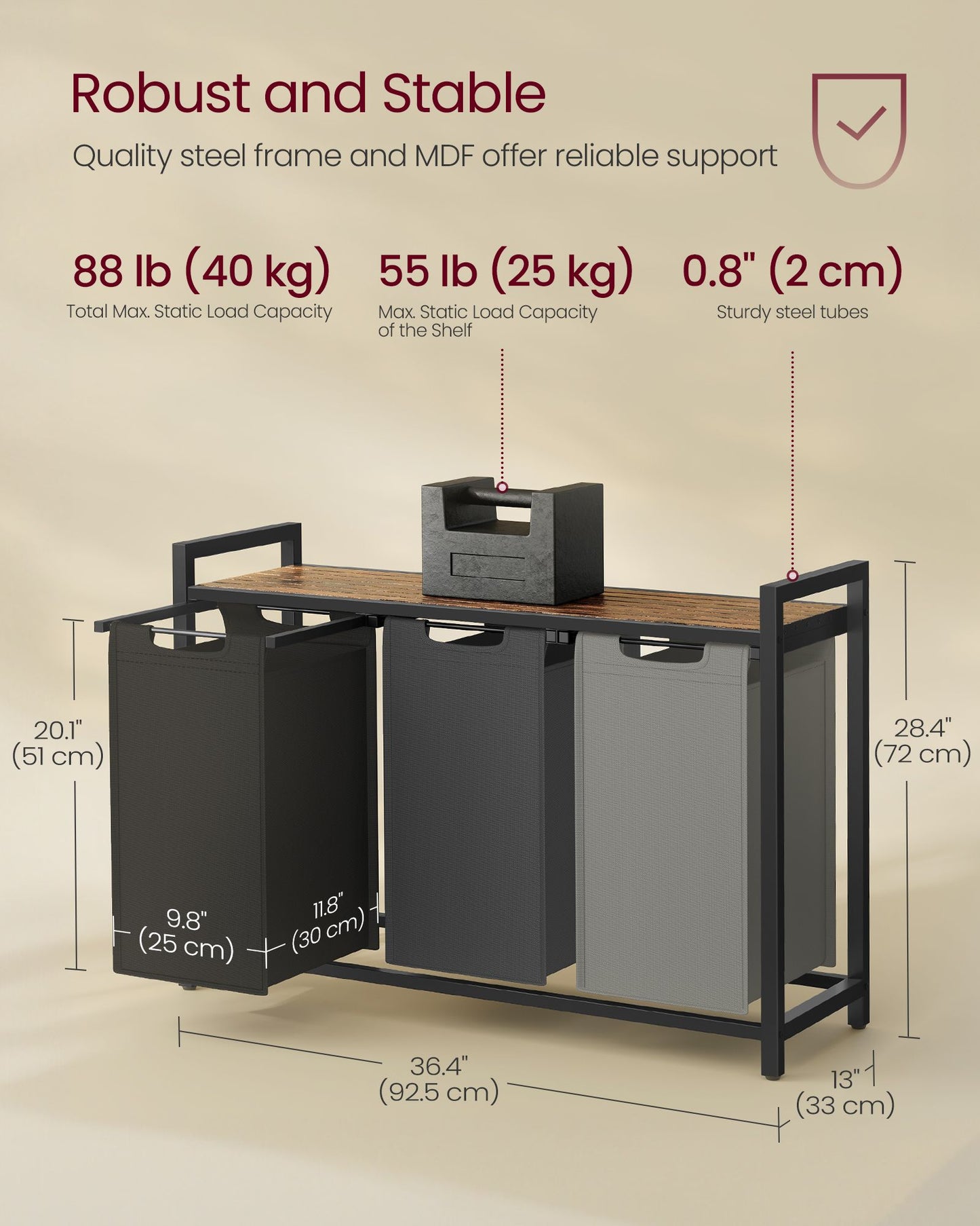 Laundry Hamperwith 3 Pull-Out and Removable Bags, 36.4 x 13 x 28.4 Inches, Tricolor and Rustic Brown