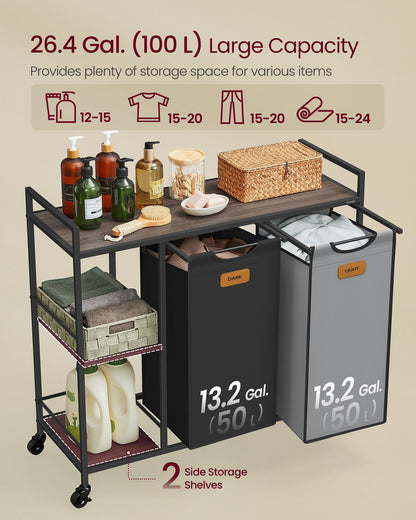 Rolling Laundry Hamper with 2 Compartments, 26.4 Gal. (100 L)