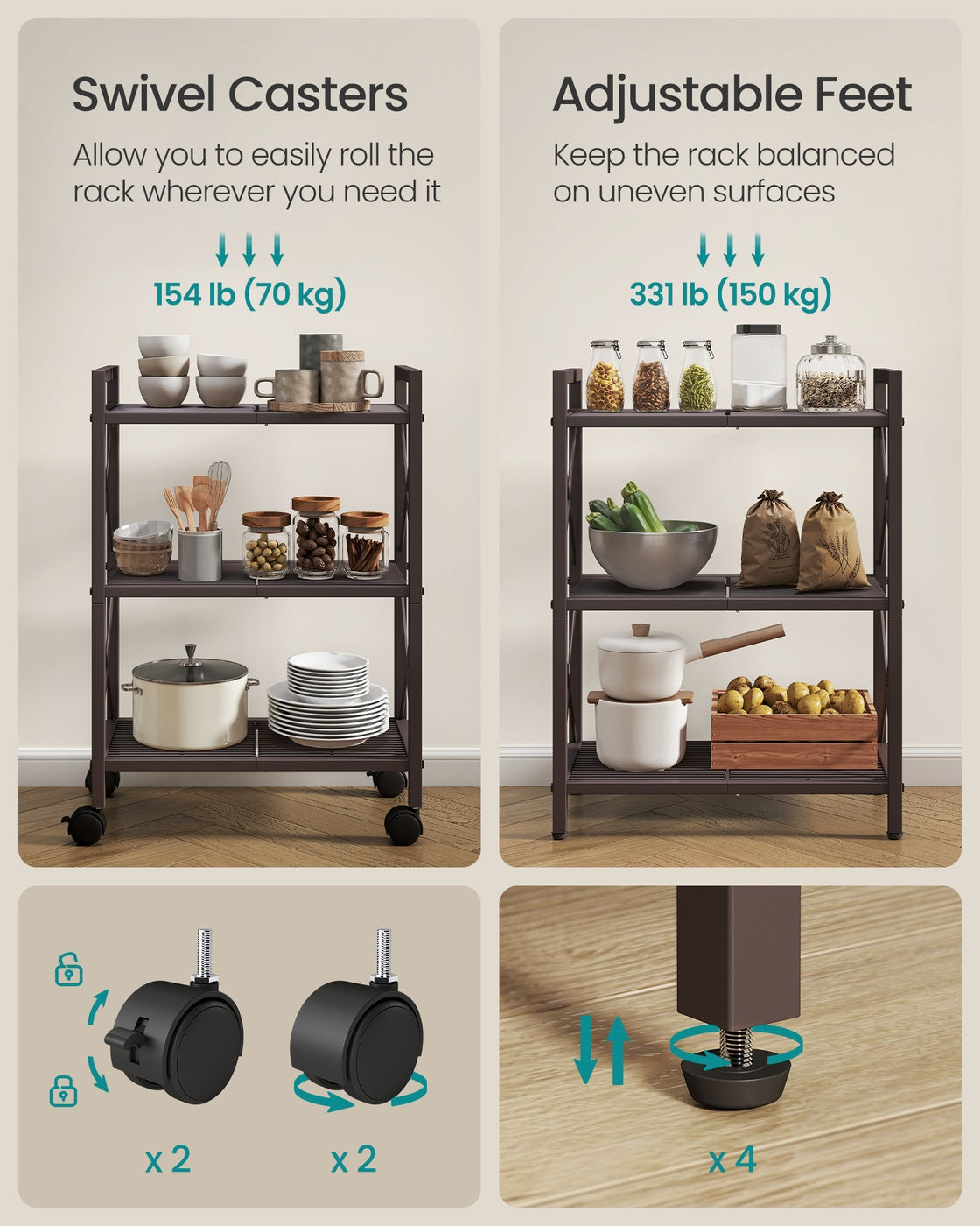 3-Tier Metal Storage Rack with Wheels