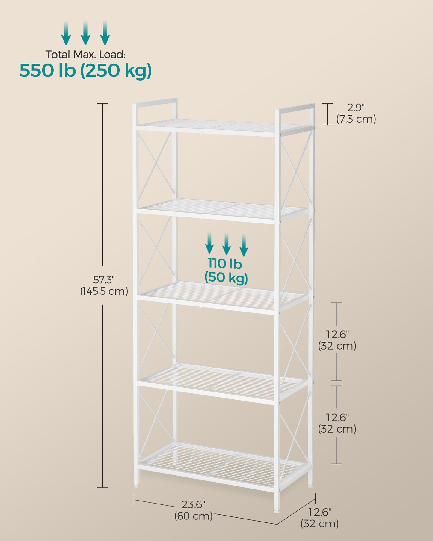5-Tier Metal Storage Rack with X Side Frames
