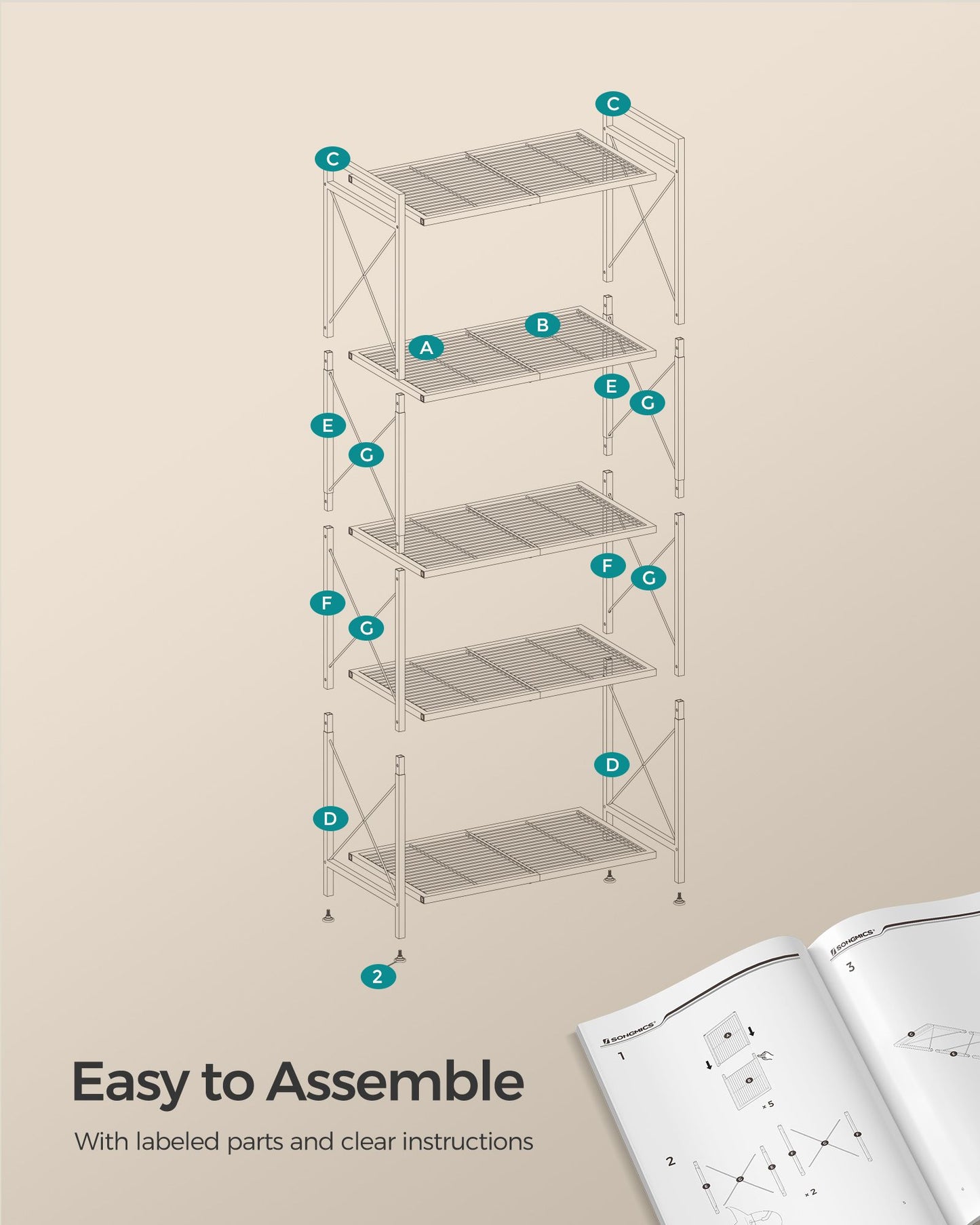 5-Tier Metal Storage Rack with X Side Frames