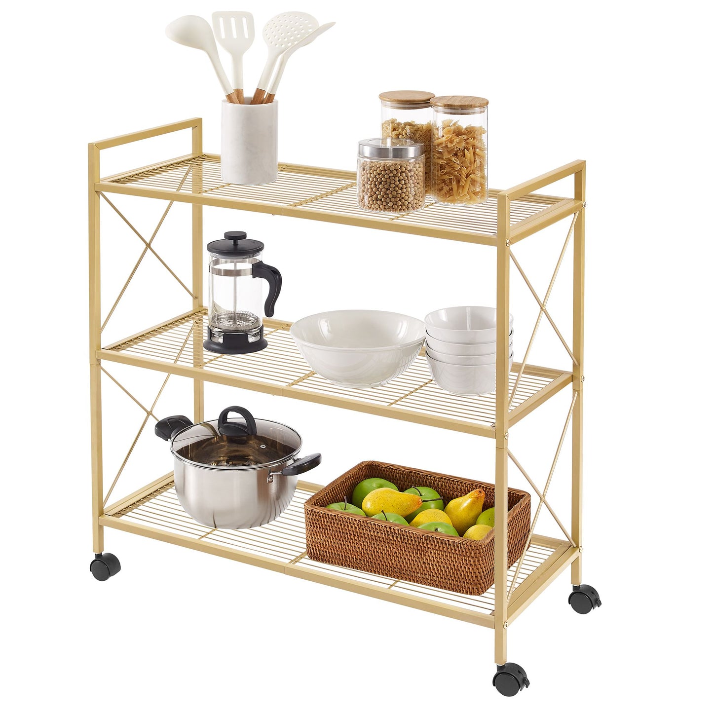3-Tier Metal Storage Rack with Wheels, Mesh Shelving Unit with X Side Frames, 31.5-Inch Width - HWLEXTRA 