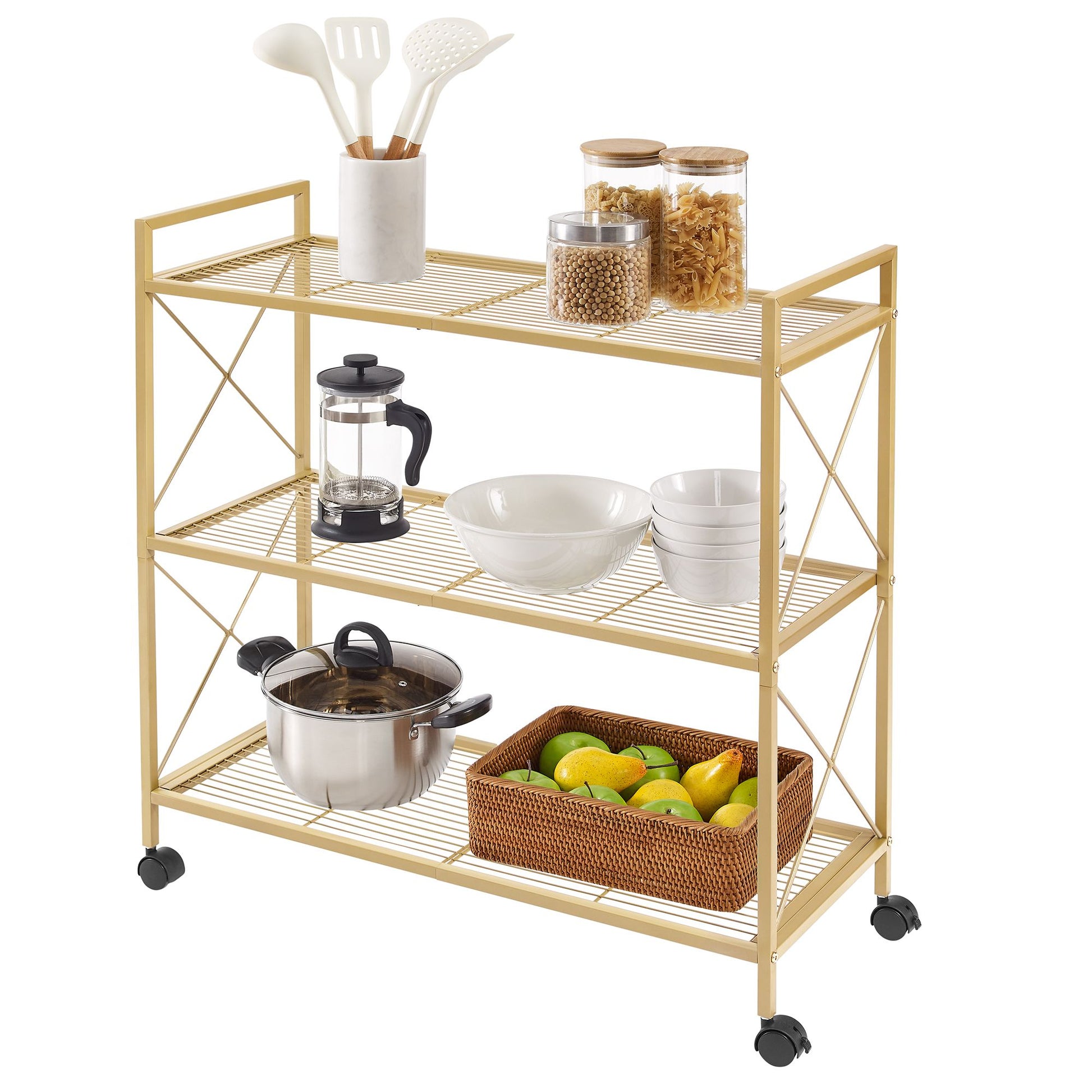 3-Tier Metal Storage Rack with Wheels, Mesh Shelving Unit with X Side Frames, 31.5-Inch Width - HWLEXTRA 