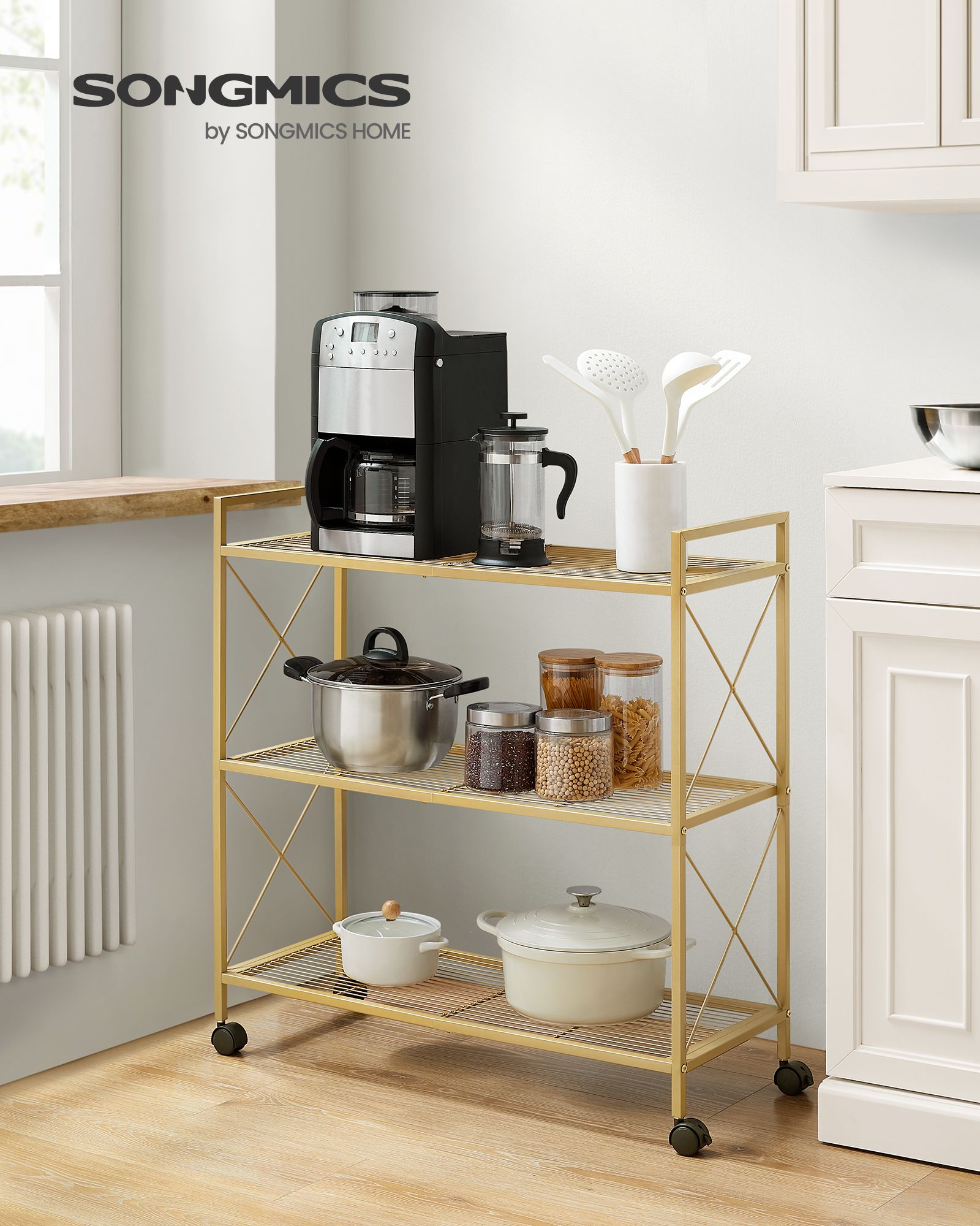 3-Tier Metal Storage Rack with Wheels, Mesh Shelving Unit with X Side Frames, 31.5-Inch Width - HWLEXTRA 