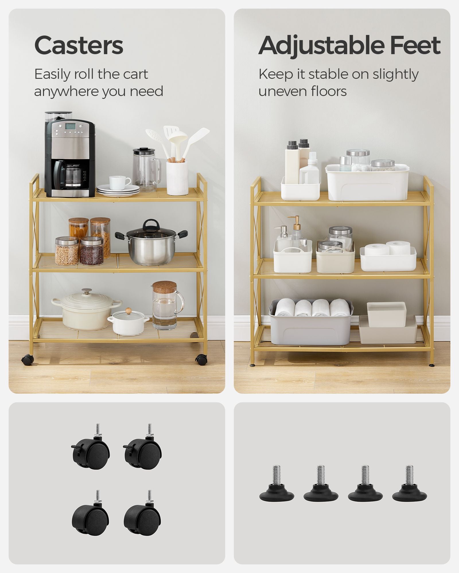 3-Tier Metal Storage Rack with Wheels, Mesh Shelving Unit with X Side Frames, 31.5-Inch Width - HWLEXTRA 