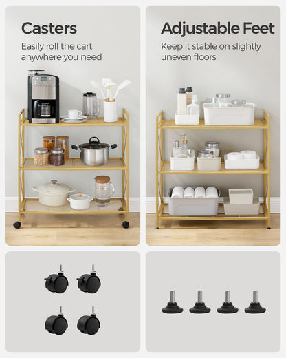 3-Tier Metal Storage Rack with Wheels, Mesh Shelving Unit with X Side Frames, 31.5-Inch Width - HWLEXTRA 