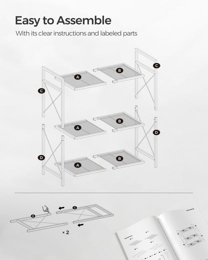 3-Tier Metal Storage Rack with Wheels, Mesh Shelving Unit with X Side Frames, 31.5-Inch Width - HWLEXTRA 