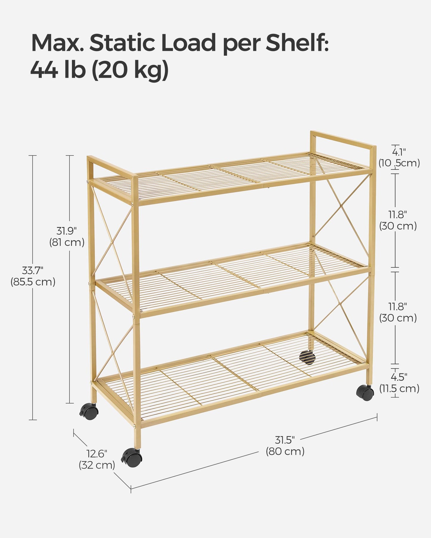 3-Tier Metal Storage Rack with Wheels, Mesh Shelving Unit with X Side Frames, 31.5-Inch Width - HWLEXTRA 