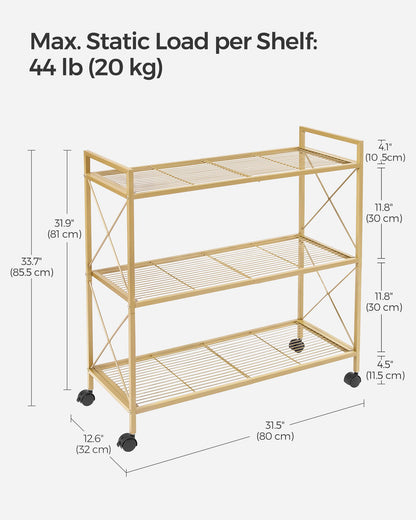 3-Tier Metal Storage Rack with Wheels, Mesh Shelving Unit with X Side Frames, 31.5-Inch Width - HWLEXTRA 
