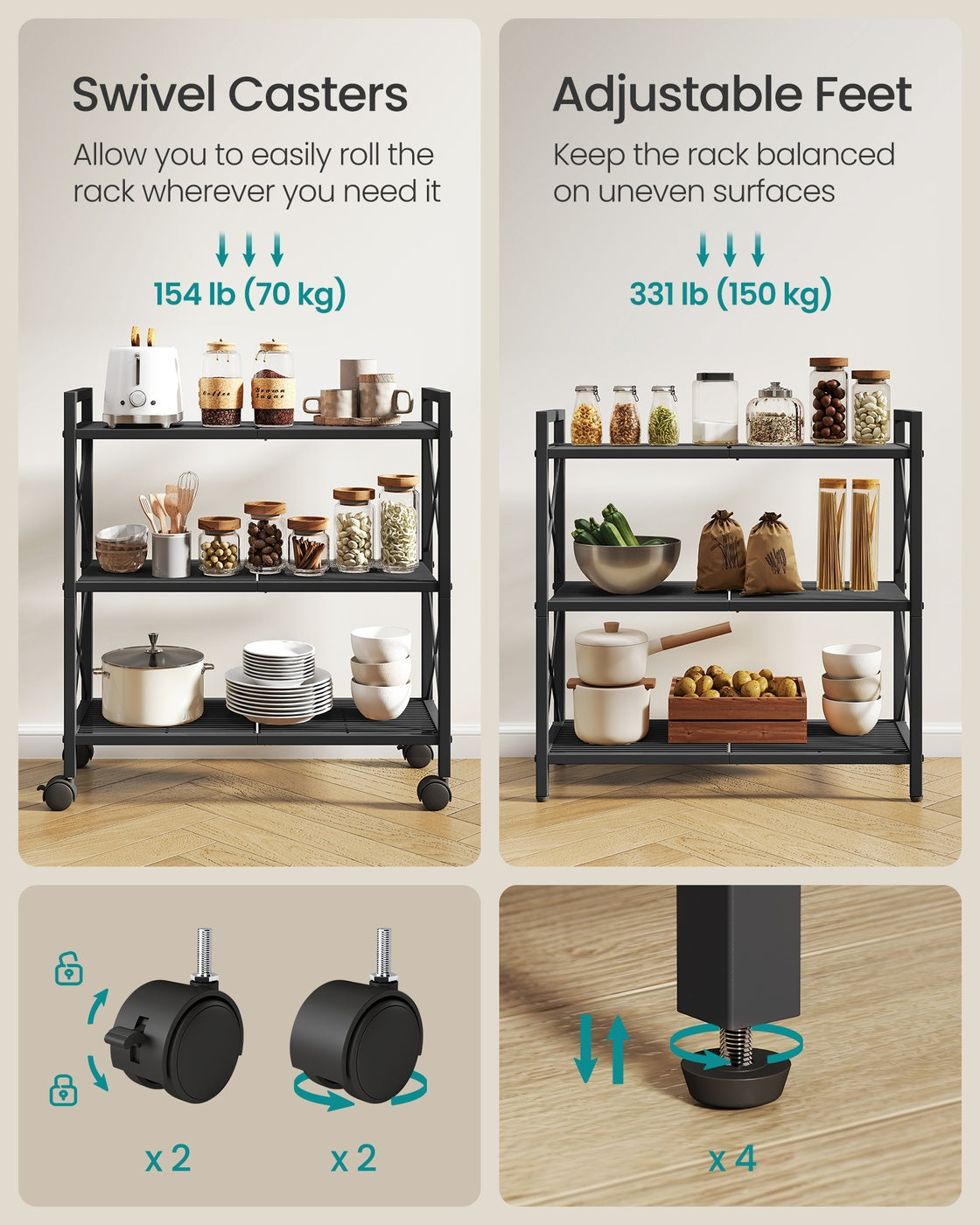3-Tier Metal Storage Rack with Wheels