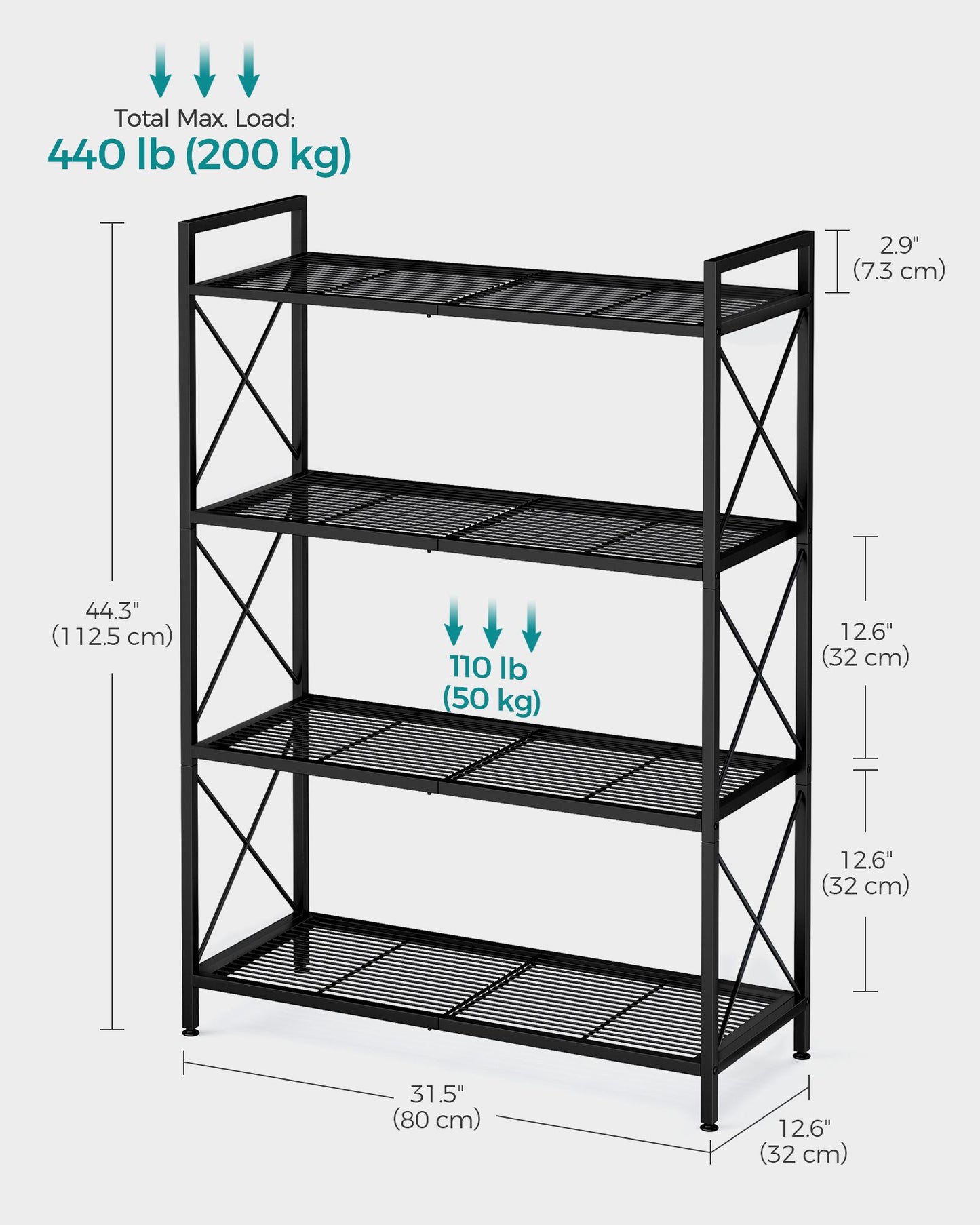 4-Tier Metal Storage Rack with X Side Frames - HWLEXTRA 