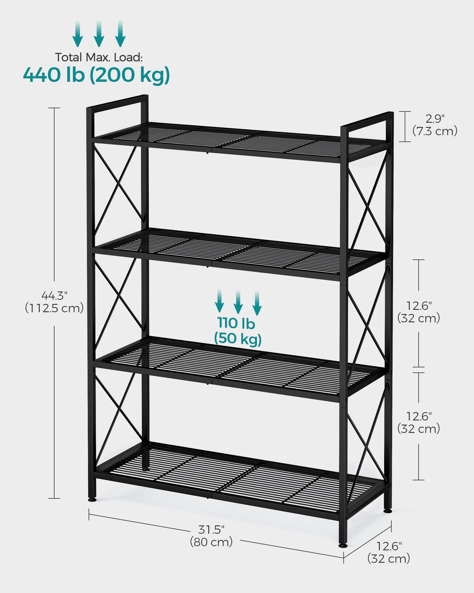 4-Tier Metal Storage Rack with X Side Frames - HWLEXTRA 