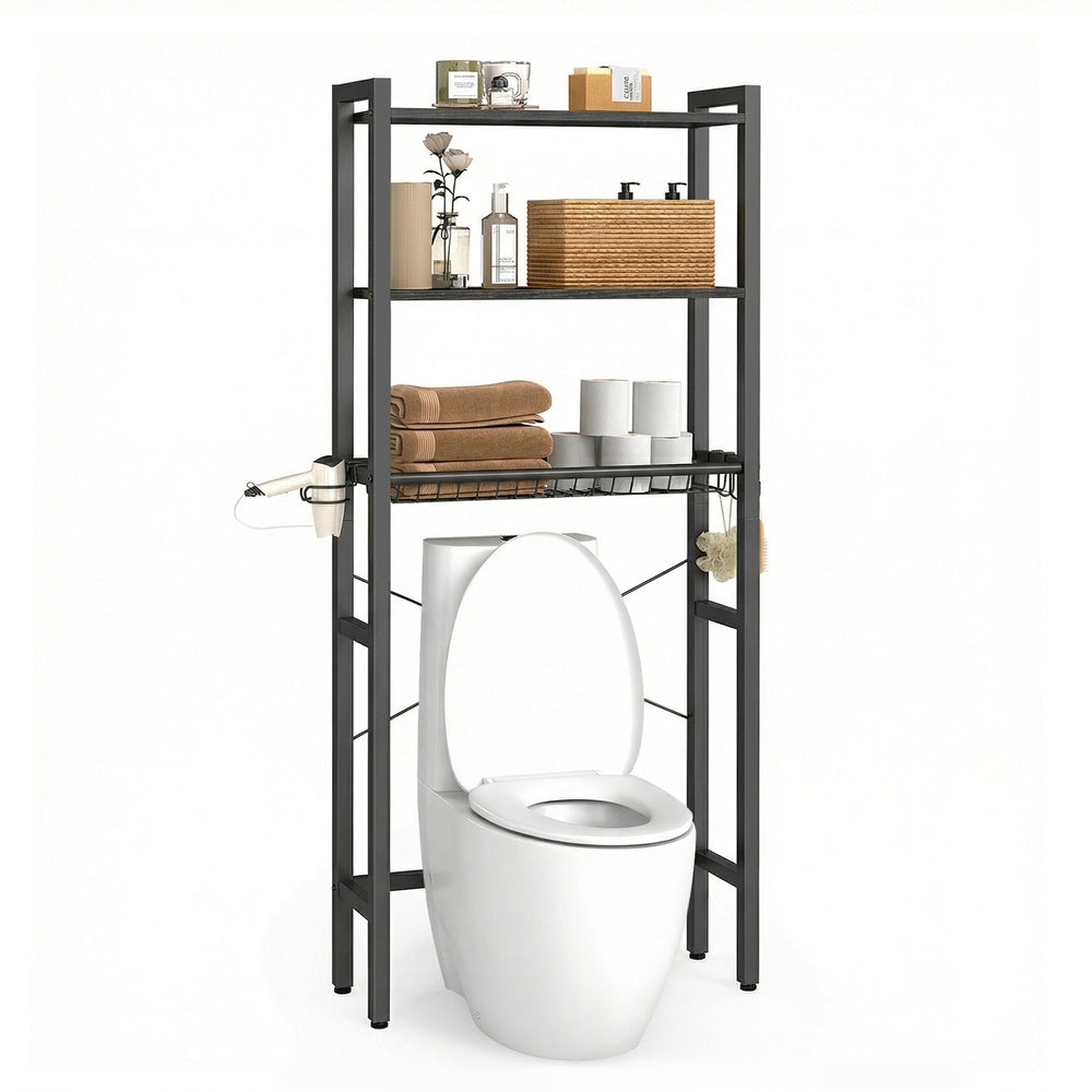 Bathroom organizer with adjustable shelves, basket and hooks over toilet - image 9