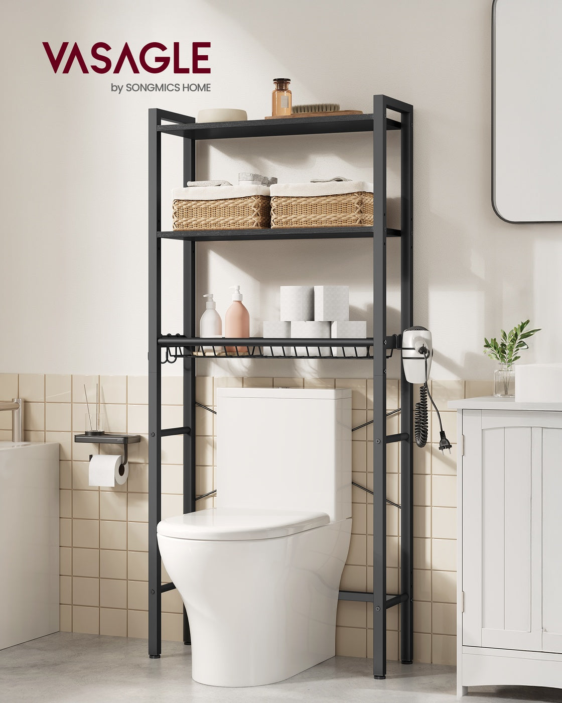 Bathroom organizer with adjustable shelves, basket and hooks over toilet - image 10