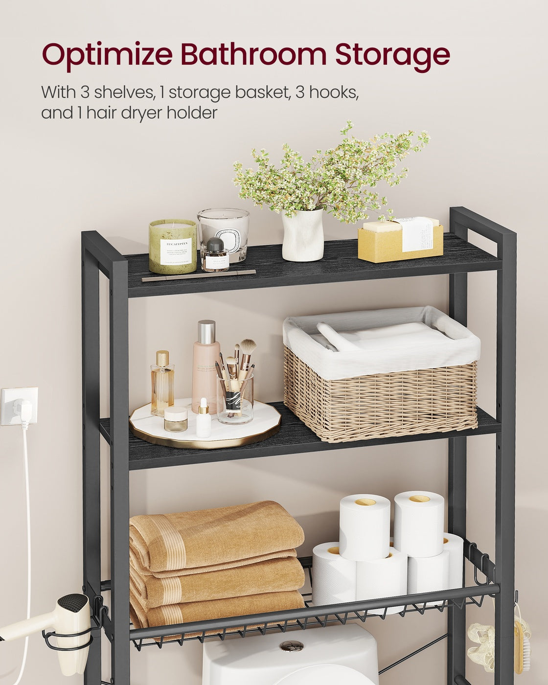 Bathroom organizer with adjustable shelves, basket and hooks over toilet - image 11