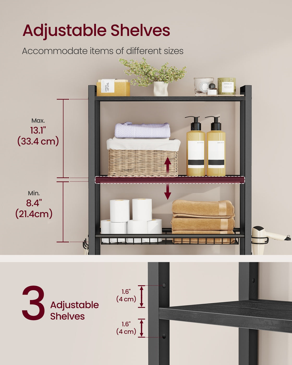 Bathroom organizer with adjustable shelves, basket and hooks over toilet - image 12