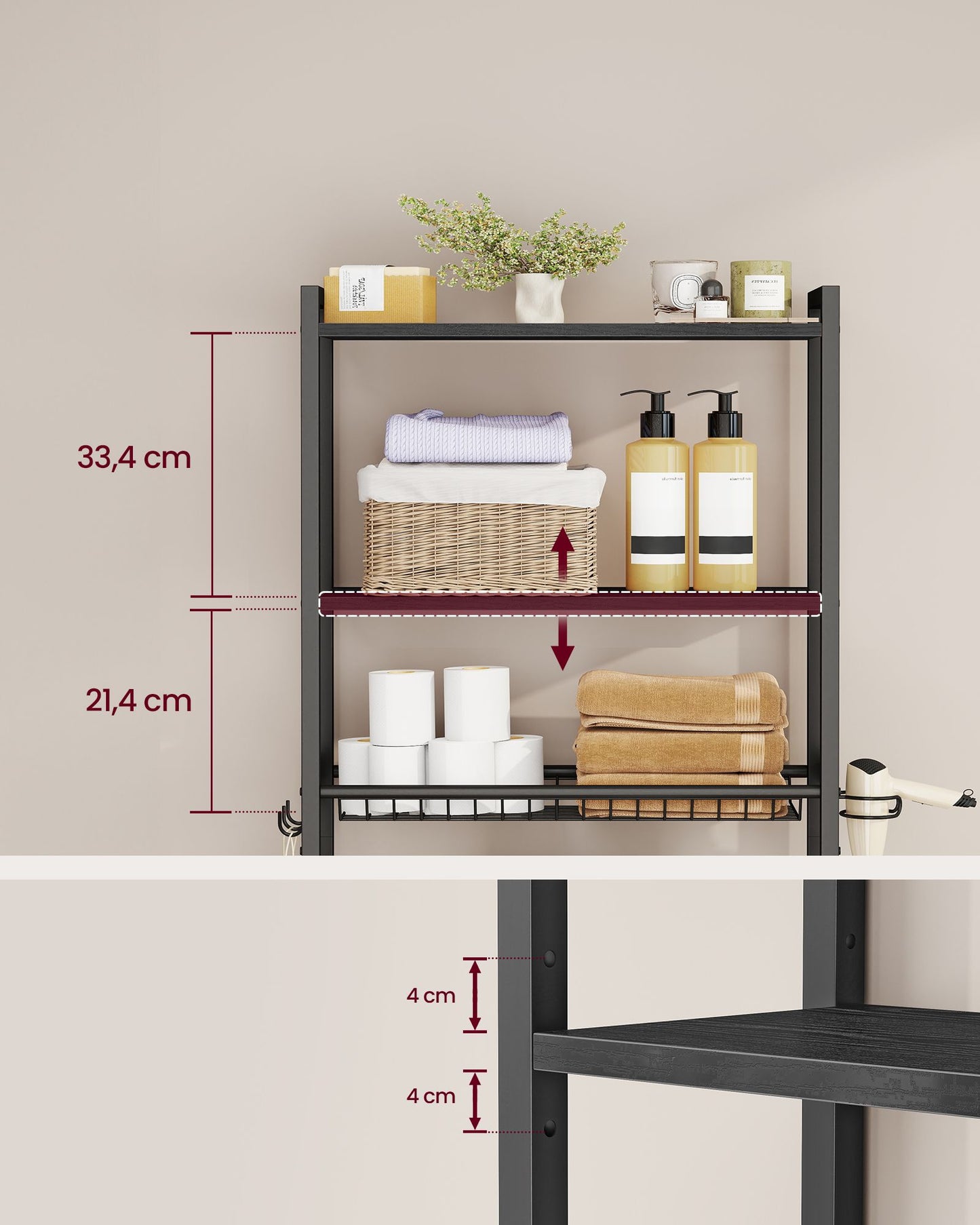 Over The Toilet Storage, Over Toilet Bathroom Organizer with Adjustable Shelves and Baske
