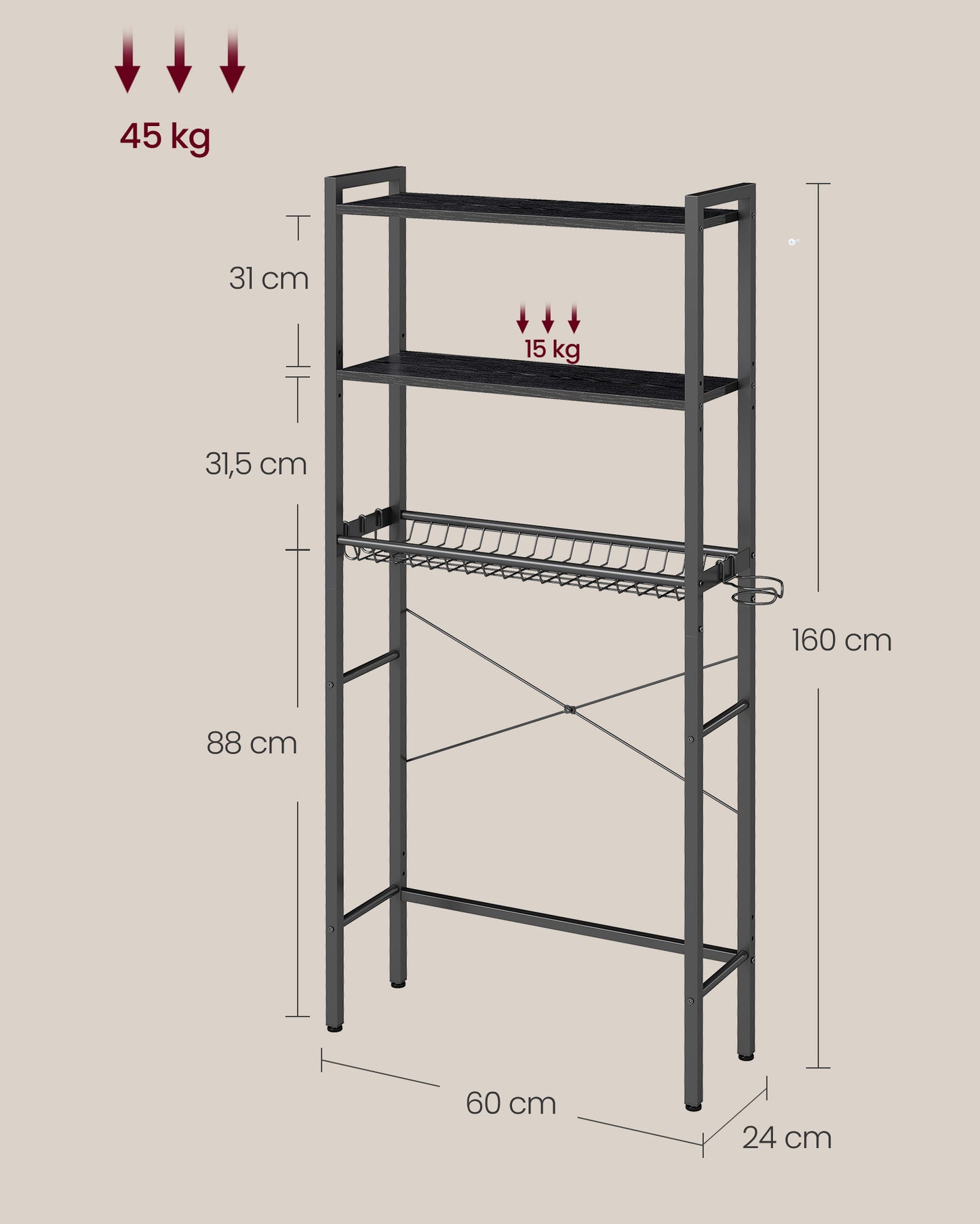 Over The Toilet Storage, Over Toilet Bathroom Organizer with Adjustable Shelves and Baske