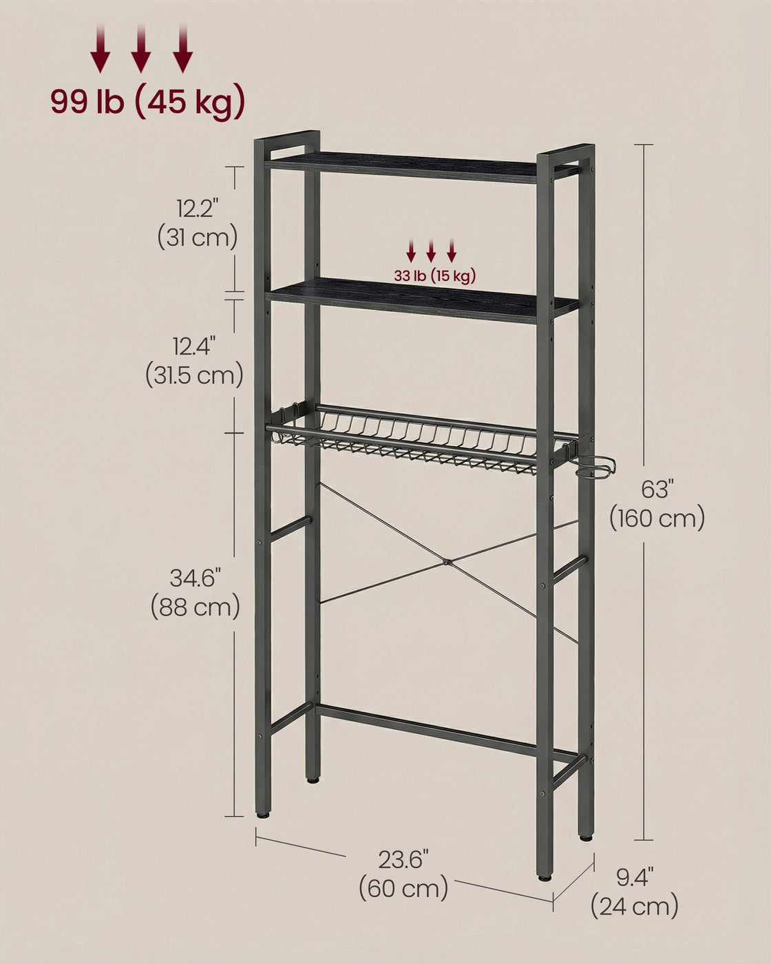 Bathroom organizer with adjustable shelves, basket and hooks over toilet - image 16