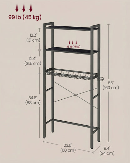 Bathroom organizer with adjustable shelves, basket and hooks over toilet - image 16