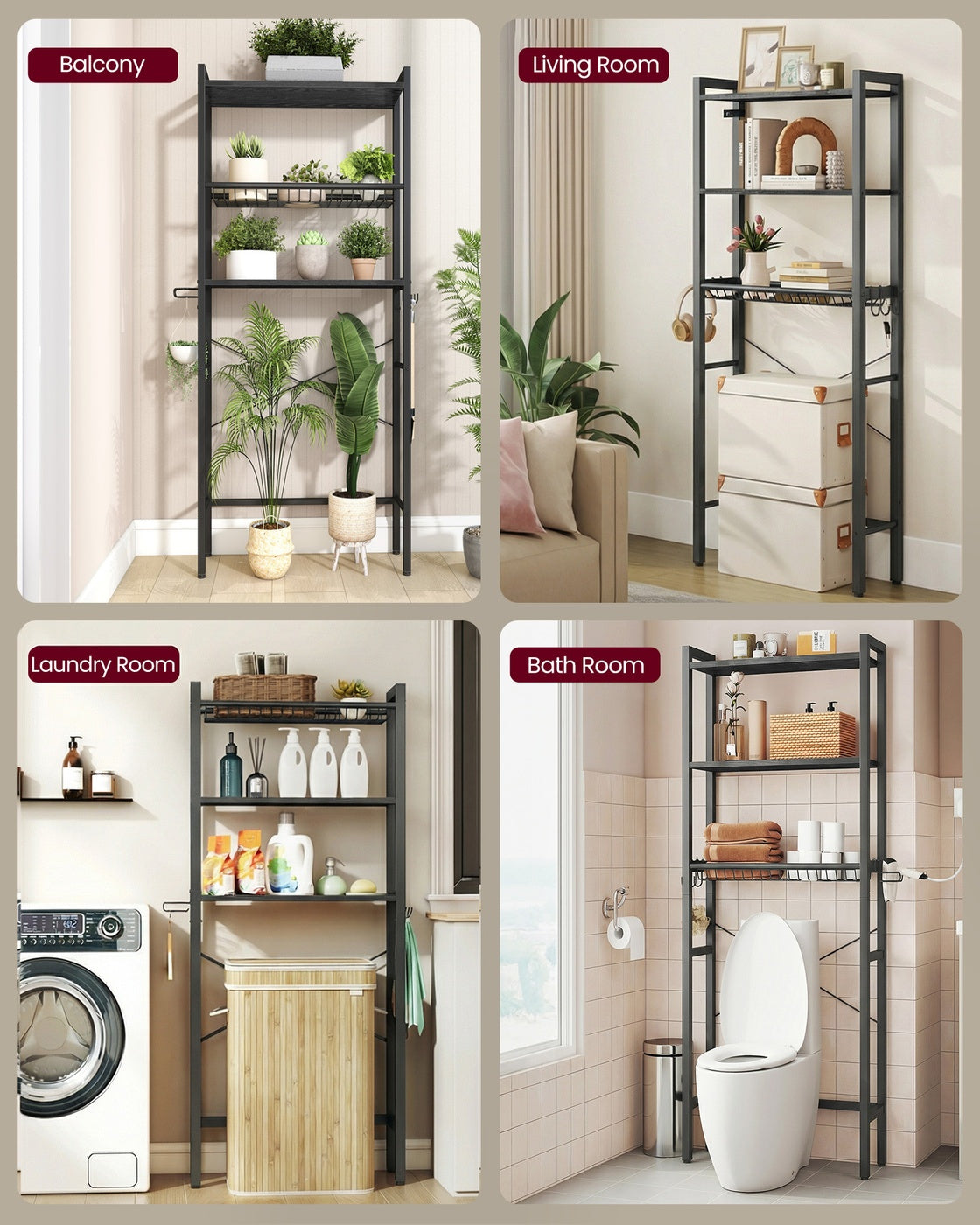 Bathroom organizer with adjustable shelves, basket and hooks over toilet - image 15