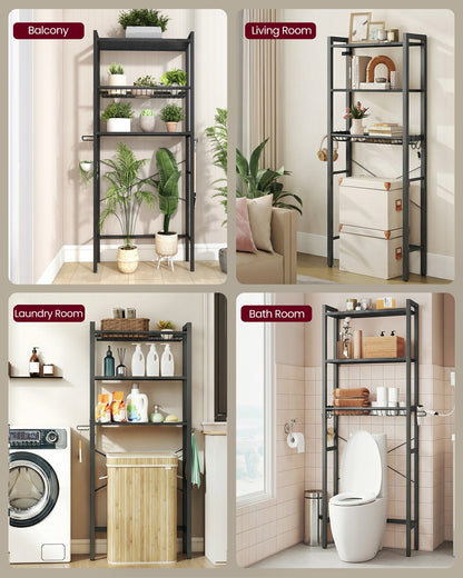 Bathroom organizer with adjustable shelves, basket and hooks over toilet - image 15