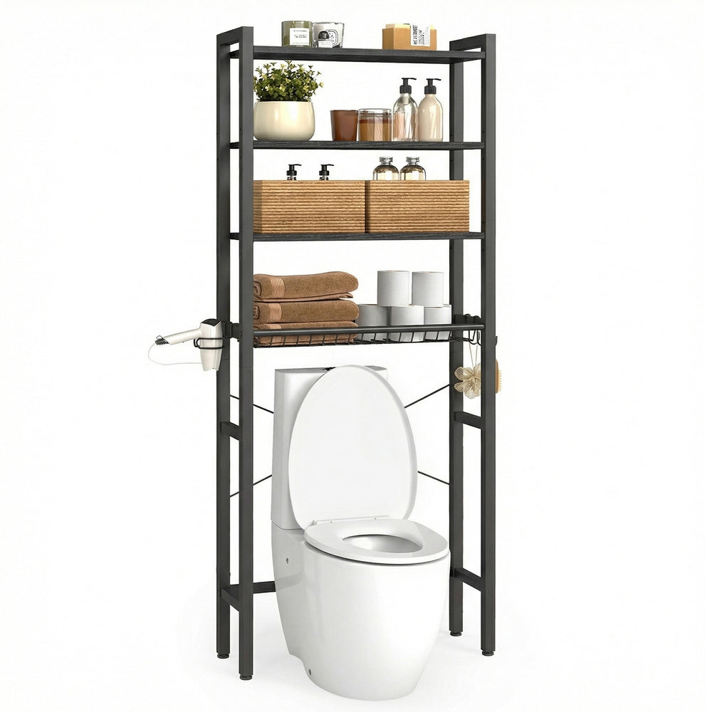 Bathroom organizer with adjustable shelves, basket and hooks over toilet - image 17