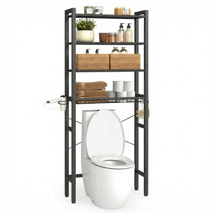 Bathroom organizer with adjustable shelves, basket and hooks over toilet - image 17