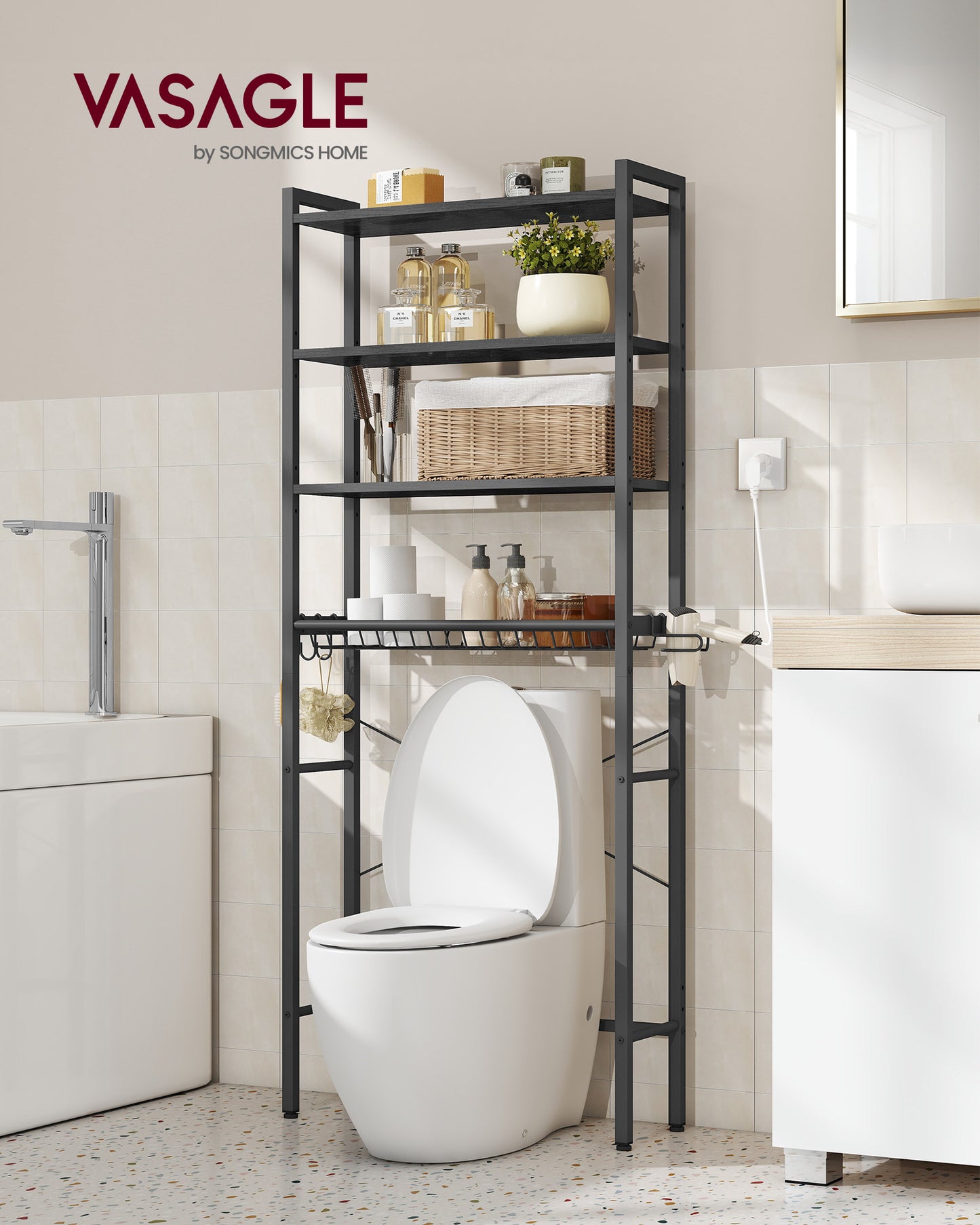 Over The Toilet Storage, Over Toilet Bathroom Organizer with Adjustable Shelves and Basket