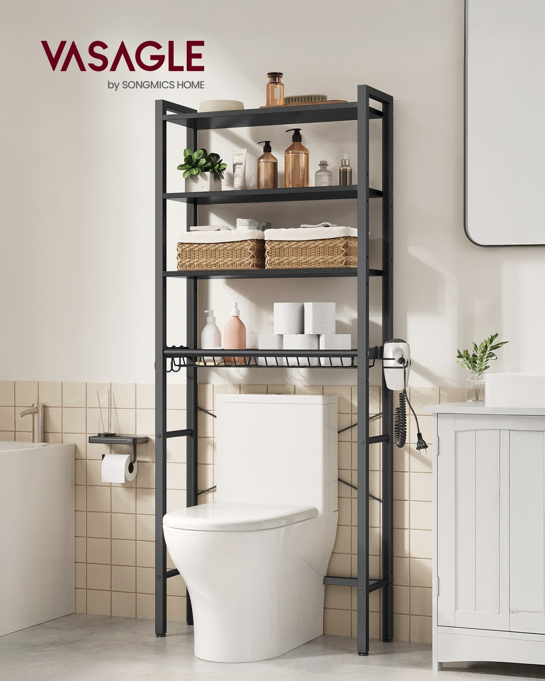 Bathroom organizer with adjustable shelves, basket and hooks over toilet - image 18